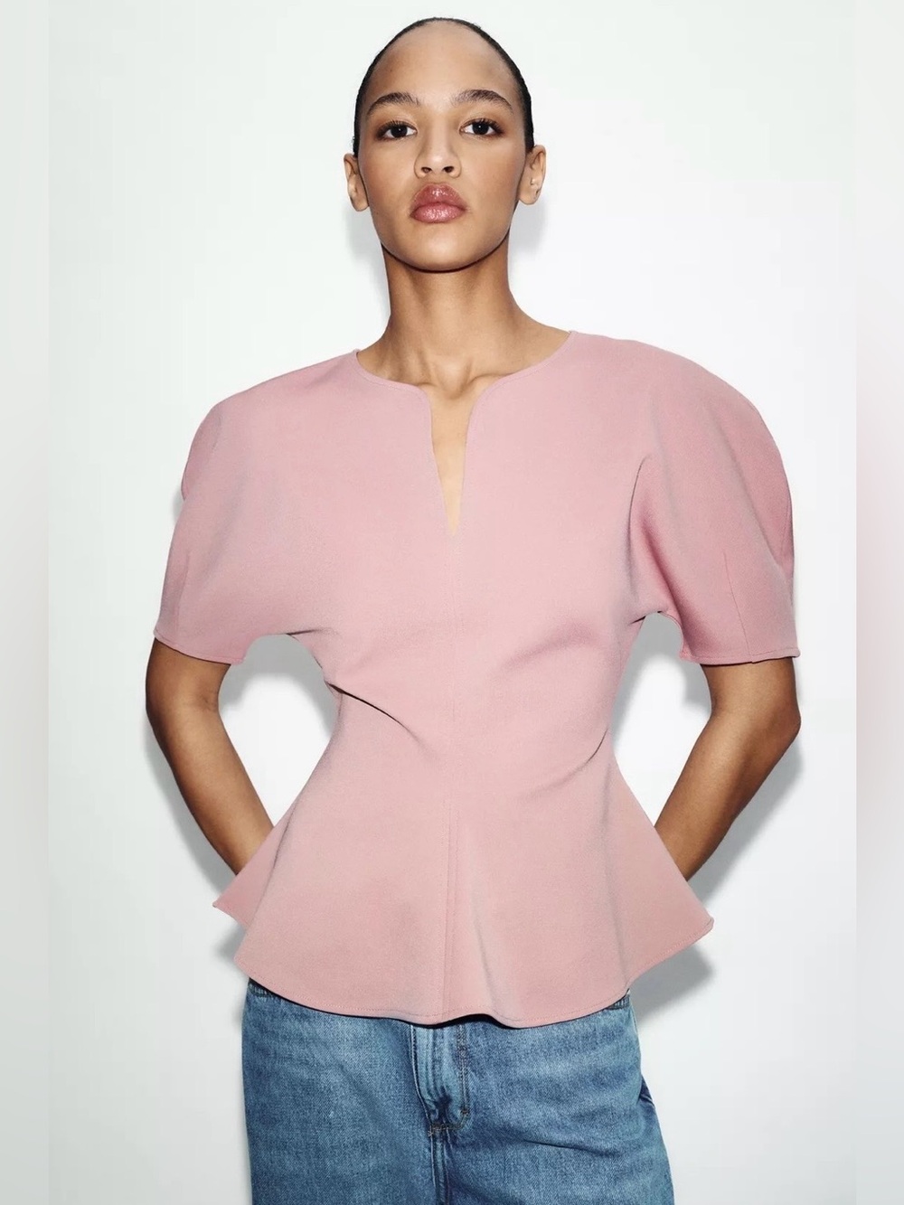 Zara NWT Pink Peplum Puff Sleeve Top Blouse